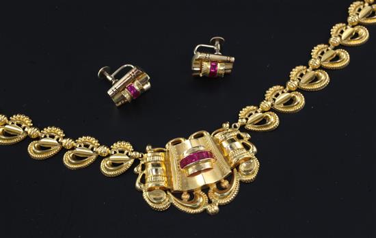 A stylish 1950s? continental gold and synthetic ruby set necklace and a pair of similar 9ct gold ear clips, necklace 15.5in.